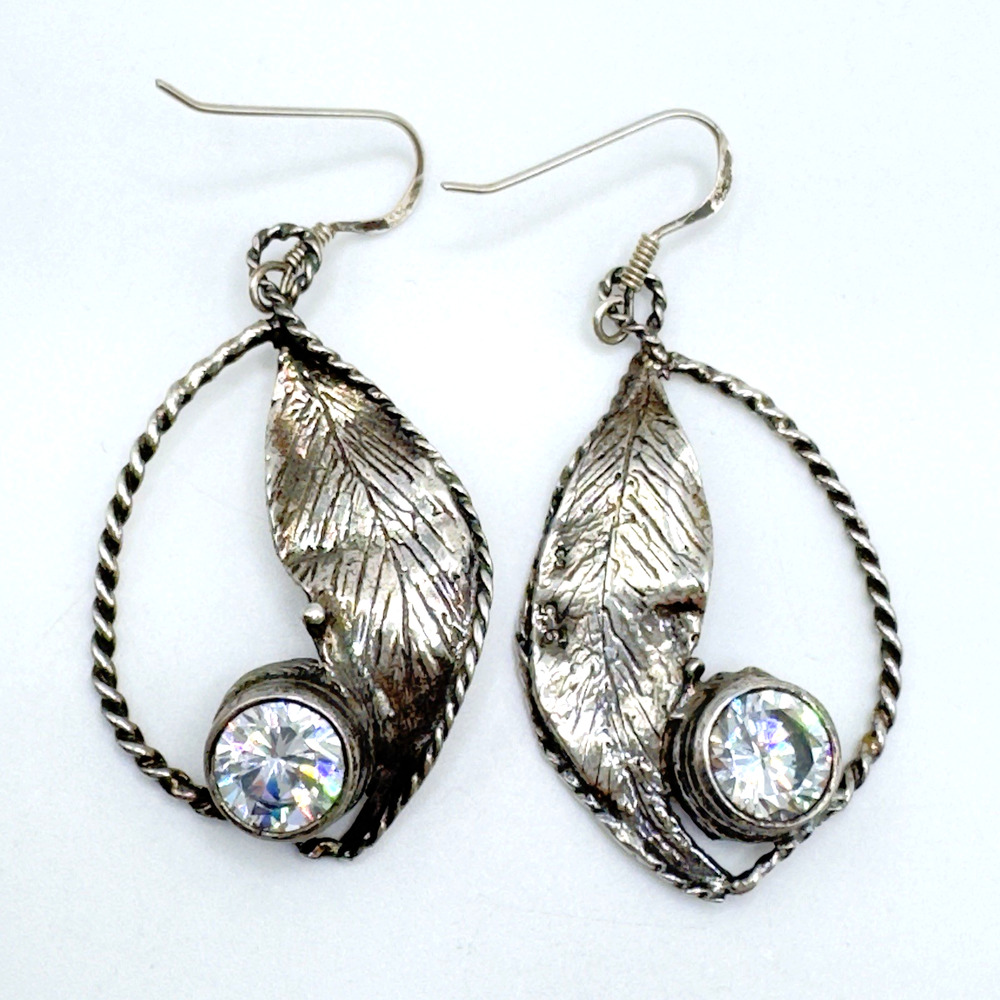 Artisan Sterling Silver CZ Earrings Leaf Modernist Artistic 2" - Picture 1 of 7